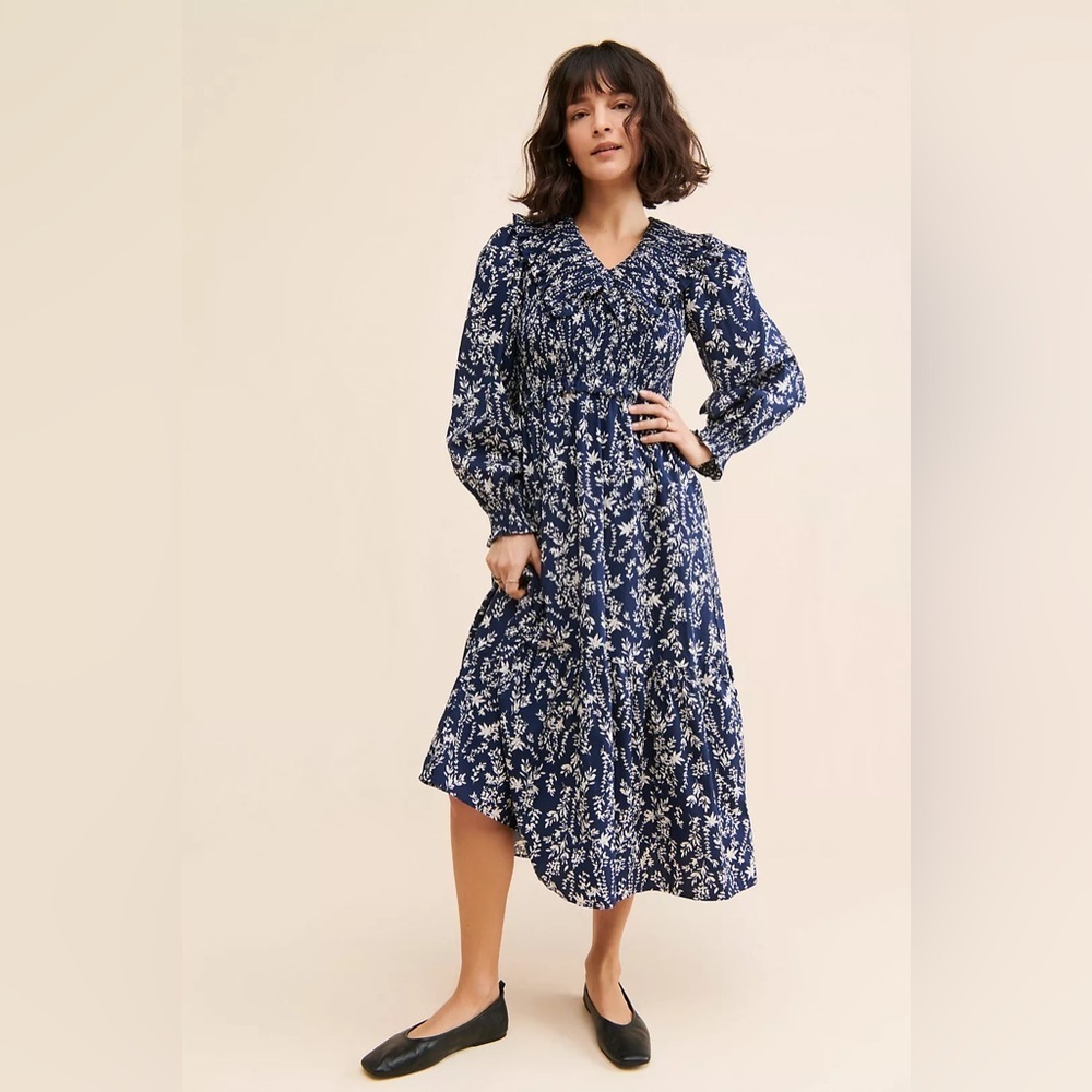 Moon River Ruffled Shirred Navy Floral Long Sleeve Midi Dress size Large